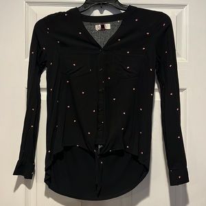 Black long sleeve button down with tie on bottom and little pink hearts ♥️